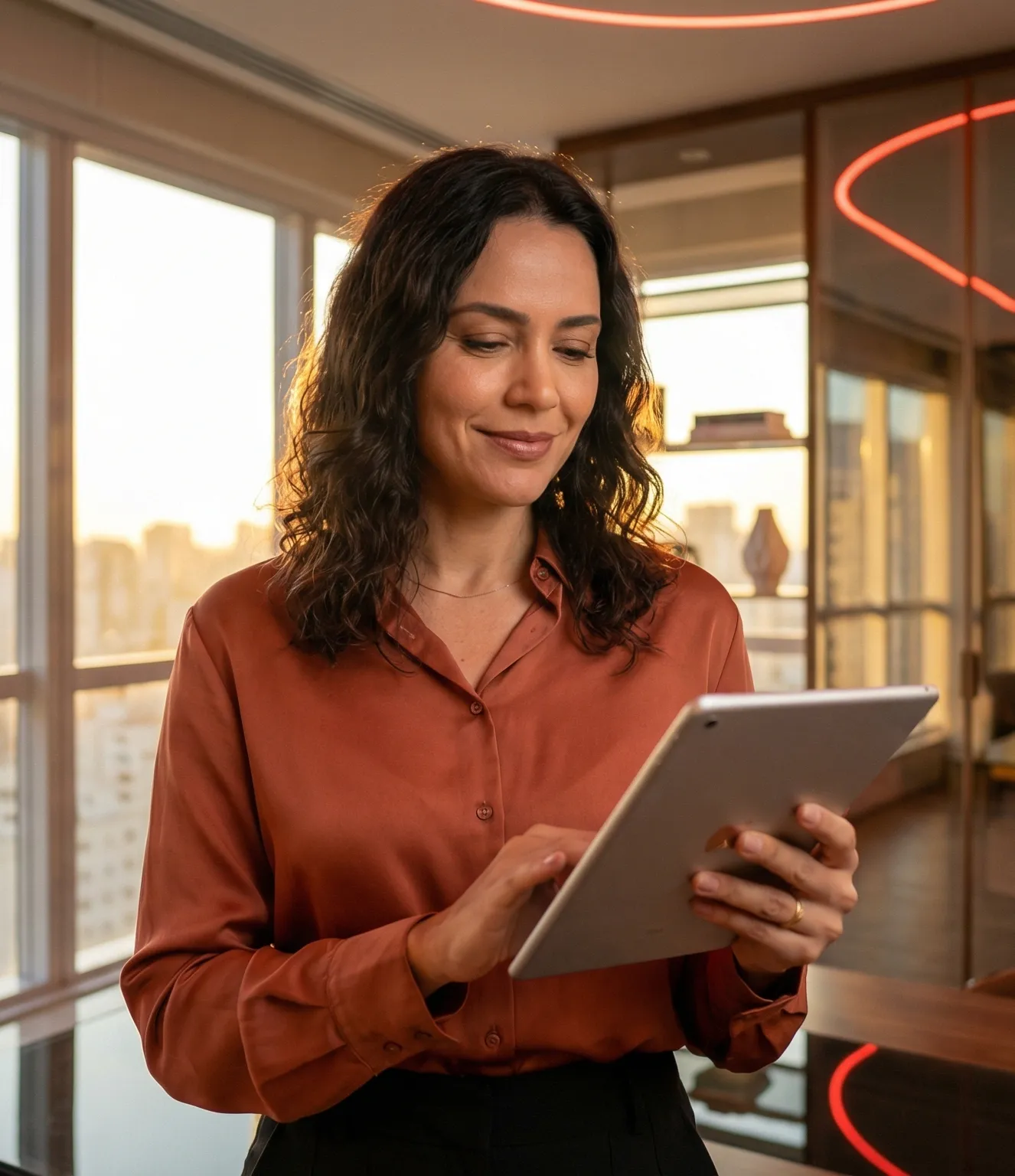 Empresária de sucesso utilizando tecnologia em seu negócio